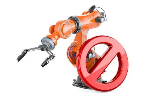 Forbidden sign with robotic arm, 3D rendering Forbidden sign with robotic ... Foto stock
