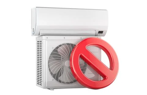 Forbidden sign with Split System Air Conditioner with indoor wall unit and .. Stock Illustration