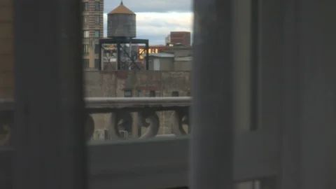 Forced Perspective Water Tower NYC Window View Stock-Footage 122903282