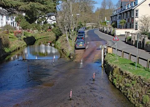 The ford on the river Sid at Sidmouth, Devon taken from the footbridge over t Stock Photos