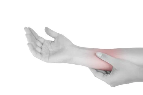 Forearm muslce strain. Forearm muscle strain. Female hand touching forearm... Stock Photos