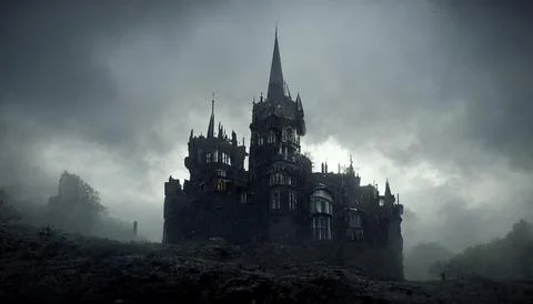 Foreboding Gothic Castle, Darkly Lit, Silhouette, Moody Ambience Stock Illustration