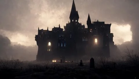 Foreboding Gothic Castle, Darkly Lit, Silhouette, Moody Ambience Stock Illustration