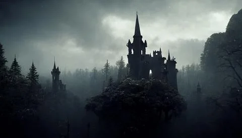 Foreboding Gothic Castle, Darkly Lit, Silhouette, Moody Ambience Stock Illustration