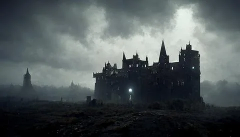 Foreboding Gothic Castle, Darkly Lit, Silhouette, Moody Ambience Stock Illustration