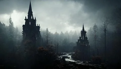 Foreboding Gothic Castle, Darkly Lit, Silhouette, Moody Ambience Stock Illustration