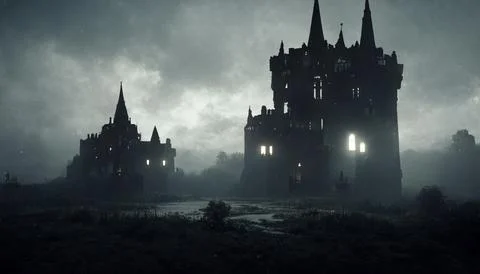 Foreboding Gothic Castle, Darkly Lit, Silhouette, Moody Ambience Stock Illustration