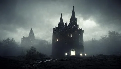 Foreboding Gothic Castle, Darkly Lit, Silhouette, Moody Ambience Stock Illustration