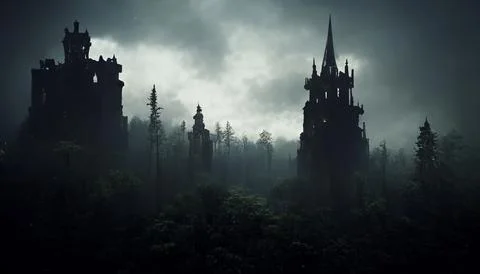 Foreboding Gothic Castle, Darkly Lit, Silhouette, Moody Ambience Stock Illustration