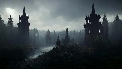 Foreboding Gothic Castle, Darkly Lit, Silhouette, Moody Ambience Stock Illustration