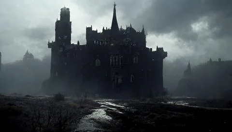 Foreboding Gothic Castle, Darkly Lit, Silhouette, Moody Ambience Stock Illustration