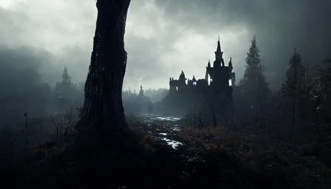 Foreboding Gothic Castle, Darkly Lit, Silhouette, Moody Ambience Stock Illustration