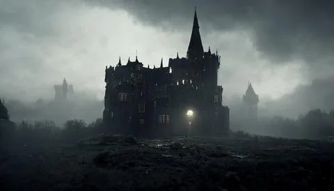 Foreboding Gothic Castle, Darkly Lit, Silhouette, Moody Ambience Stock Illustration