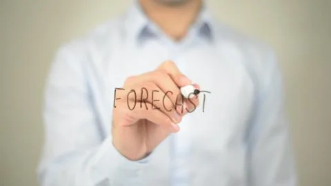 Forecast, man writing on transparent screen Foto stock