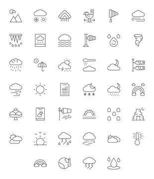 Forecast Vector Icon Collection with 40 64x64 Thin Line Designs Stock Illustration