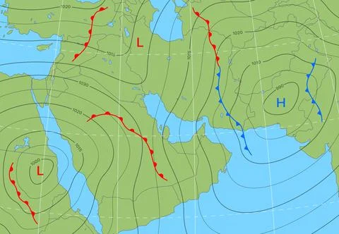 Forecast weather isobar map, Middle East winds Stock Illustration