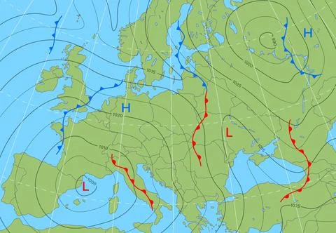 Forecast weather isobar map or diagram of Europe Stock Illustration