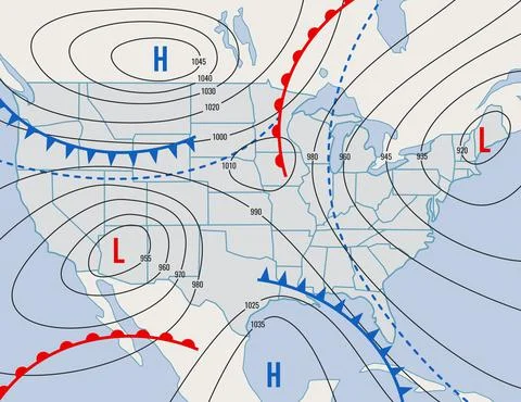 Forecast weather isobar map, USA state meteorology Stock Illustration