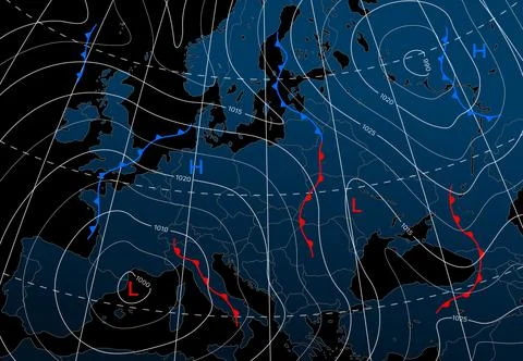 Forecast weather isobar night map of Europe Stock Illustration