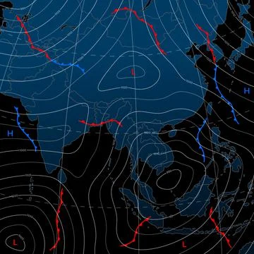 Forecast weather isobar night map of Asia Stock Illustration