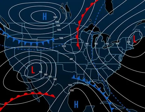Forecast weather isobar night map of USA Stock Illustration