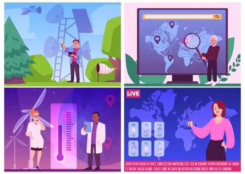 Forecasters, meteorological scientists, people in flat cartoon vector Ilustración de archivo
