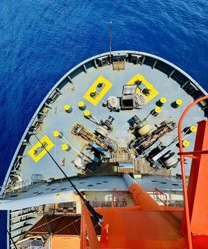 Forecastle Deck of Container Ship Viewed from Mast with Anchor Handling Equipmen Stock Photos