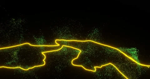 Forefinger of two yellow hands touch each other in space. Neon silhouettes with Vídeo Stock 220118742