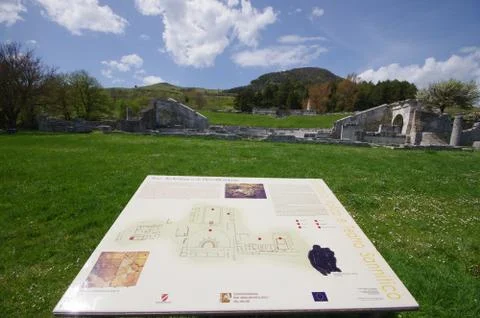 In the foreground the description of the archaeological area Stock Photos