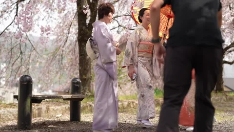 Foreground figure obscures kimono-clad women with a baby Stockbeeldmateriaal 344800893