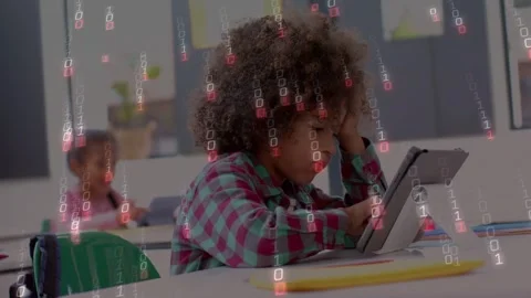 Foreground girl tapping tablet at school, sparking binary rain growing and Stock Footage 334693911
