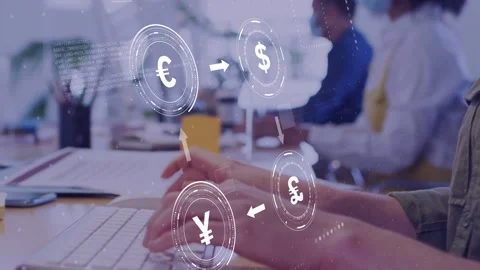Foreground hands typing, activating currency HUD € $ £ ¥ with rotating arrows Stock Footage 335282512