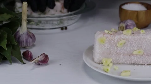 In the foreground a large piece of salted lard Stock Footage 121784446