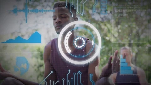 Foreground man meditating HUD appearing over chest rotating disk charts Stock Footage 334013686