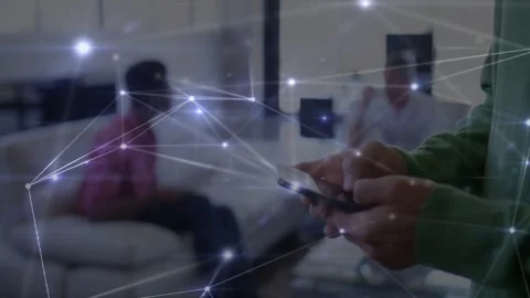 Foreground man tapping phone, scrolling, animating technology network to phone, Stock Footage 332505145