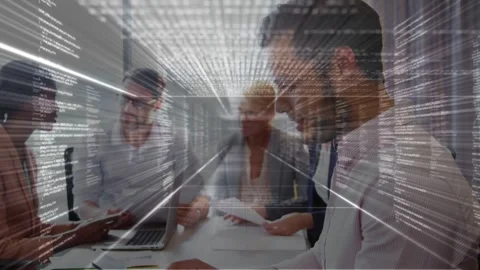 Foreground man tapping tablet, team passing docs, causing code overlay sweeping Stock Footage 333369151