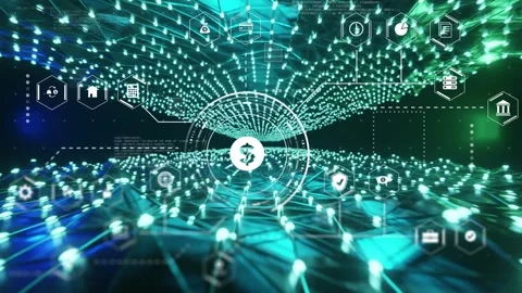 Foreground node pulsing, HUD expanding and projecting icons, showing currency Vidéo 334351829
