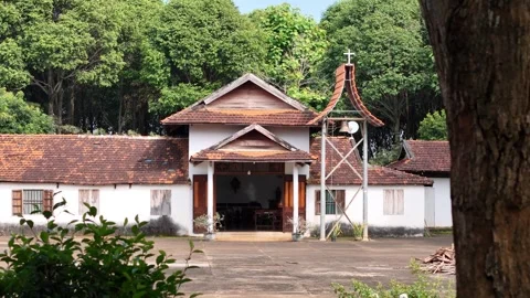 Foreground parallax of Benedictine monastery chapel, Dak Lak, Vietnam Vídeo Stock 340256767