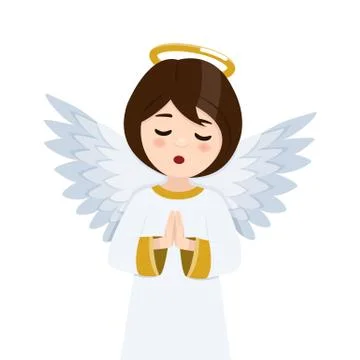 Foreground praying angel in heaven on a white background. Isolated vector ill Ilustração Stock