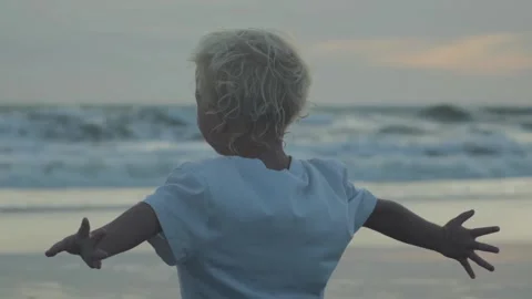 In the foreground, a small blond child stands facing the ocean, spreading both Stock Footage 214672743
