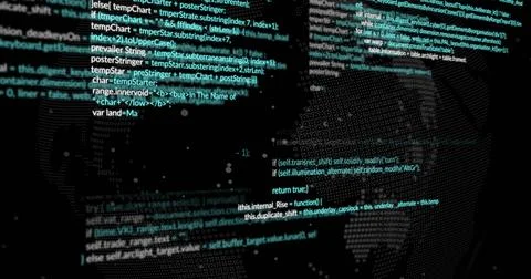 Foreground source code lines floating over dotted 3D globe in dark virtual Foto stock