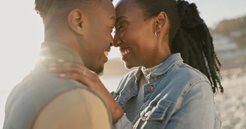 Forehead, beach and black couple with love, marriage and commitment with care 動画素材 250155800