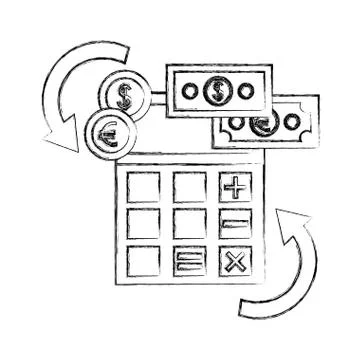 Foreign exchange calculator banknotes and coins money Stock Illustration