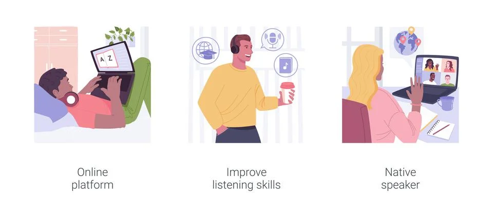 Foreign language distance learning isolated cartoon vector illustrations set. Stock Illustration