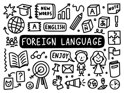 Foreign language doodle line set school university. Outline subject. Stock Illustration