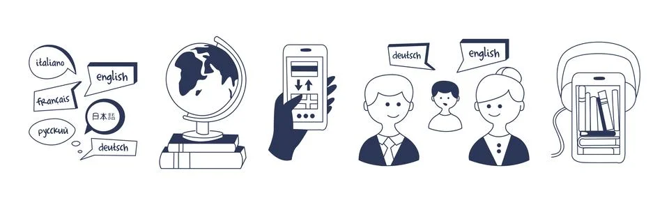 Foreign Language Learning and Speaking Doodle Icon and Element Vector Set Illustrazione stock