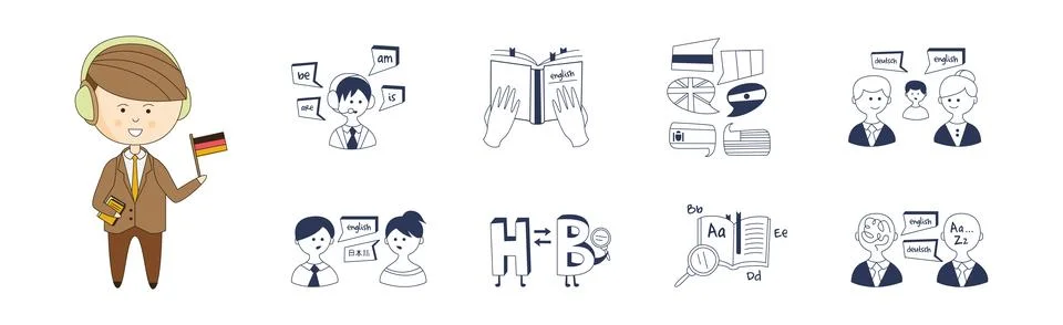 Foreign Language Learning and Study Line Element Vector Set イラスト素材
