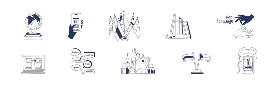 Foreign Language Learning and Study Line Element Vector Set Stock Illustration