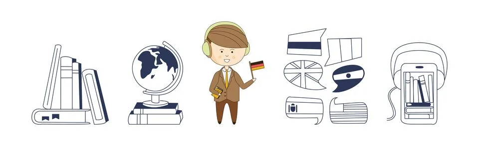 Foreign Language Learning and Study Line Element Vector Set Illustrazione stock
