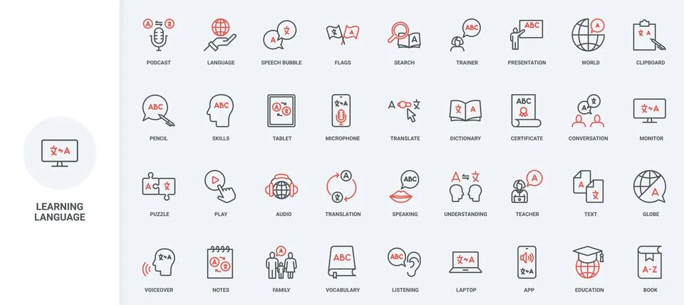 Foreign language learning and translation, speak and listen, dialog skill line Stock Illustration